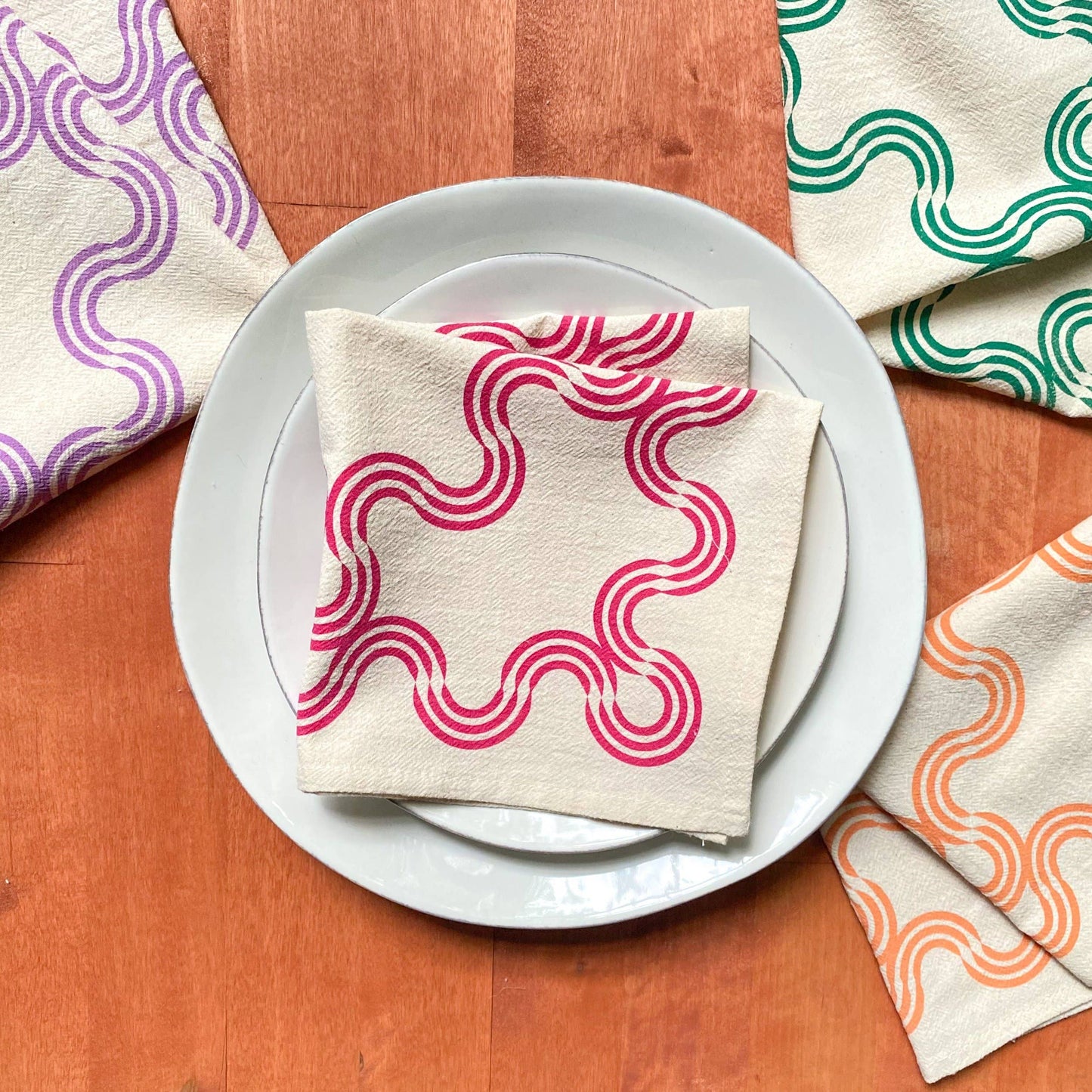 Wavy Ribbon Hand Printed Cotton Napkins, Set of 4
