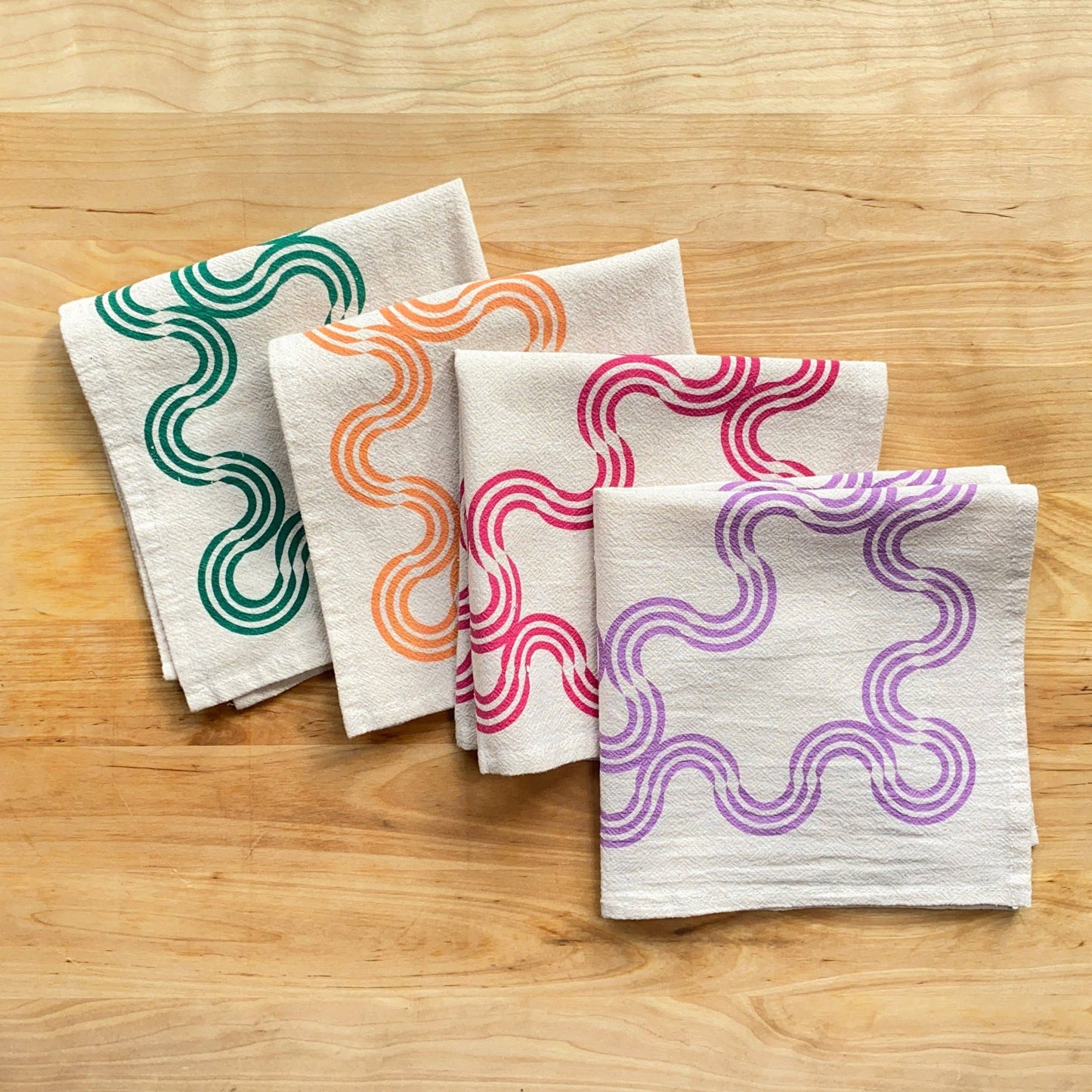 Wavy Ribbon Hand Printed Cotton Napkins, Set of 4