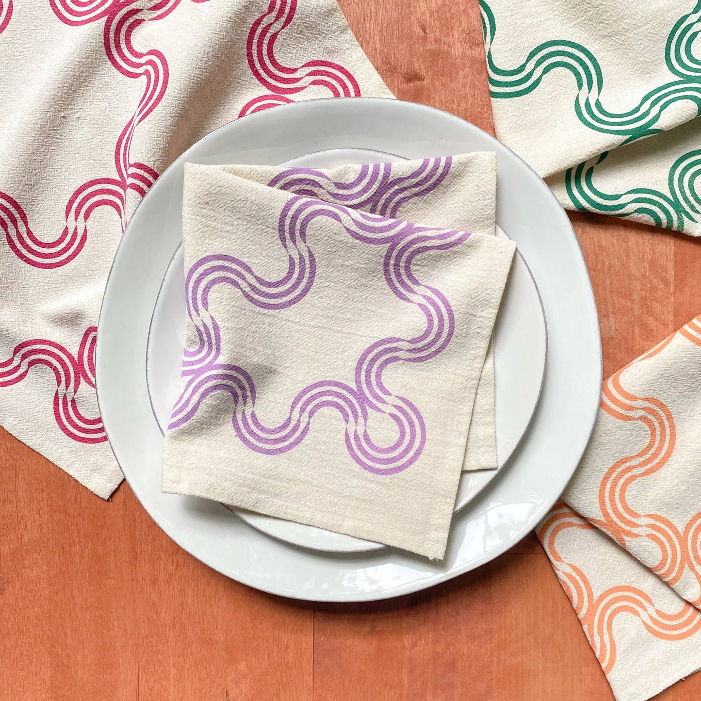 Wavy Ribbon Hand Printed Cotton Napkins, Set of 4