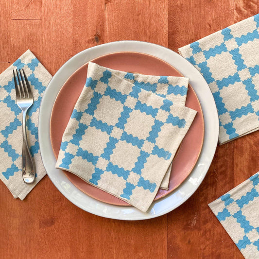 Sky Blue Party Time Plaid Hand Printed Napkins, Set of 4