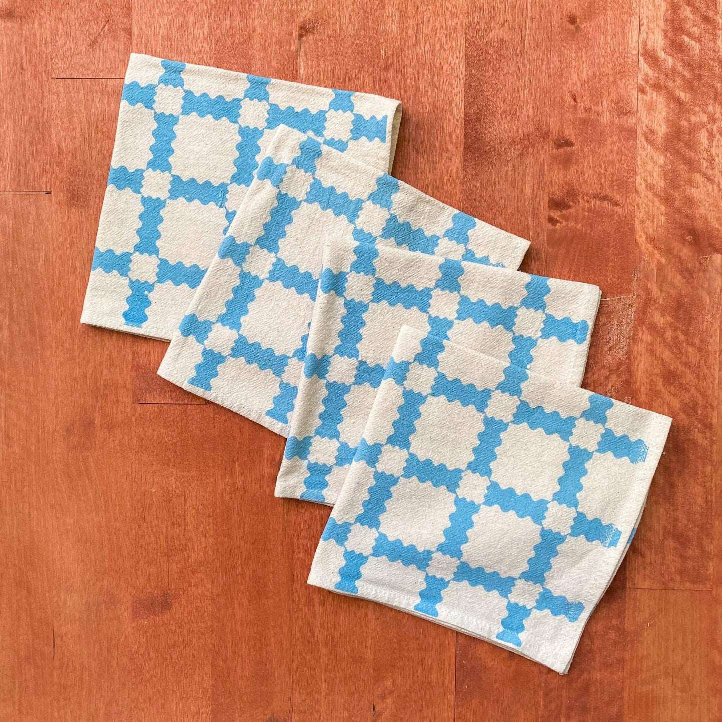 Sky Blue Party Time Plaid Hand Printed Napkins, Set of 4