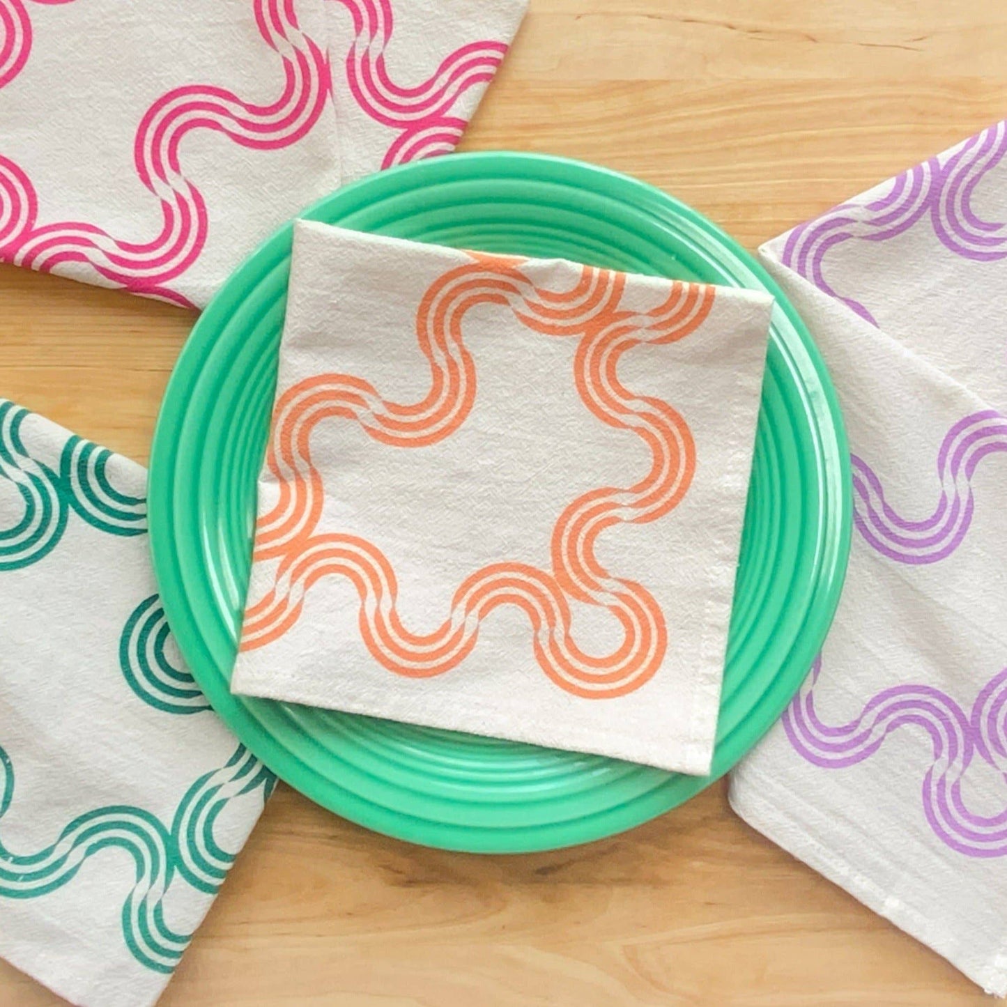 Wavy Ribbon Hand Printed Cotton Napkins, Set of 4