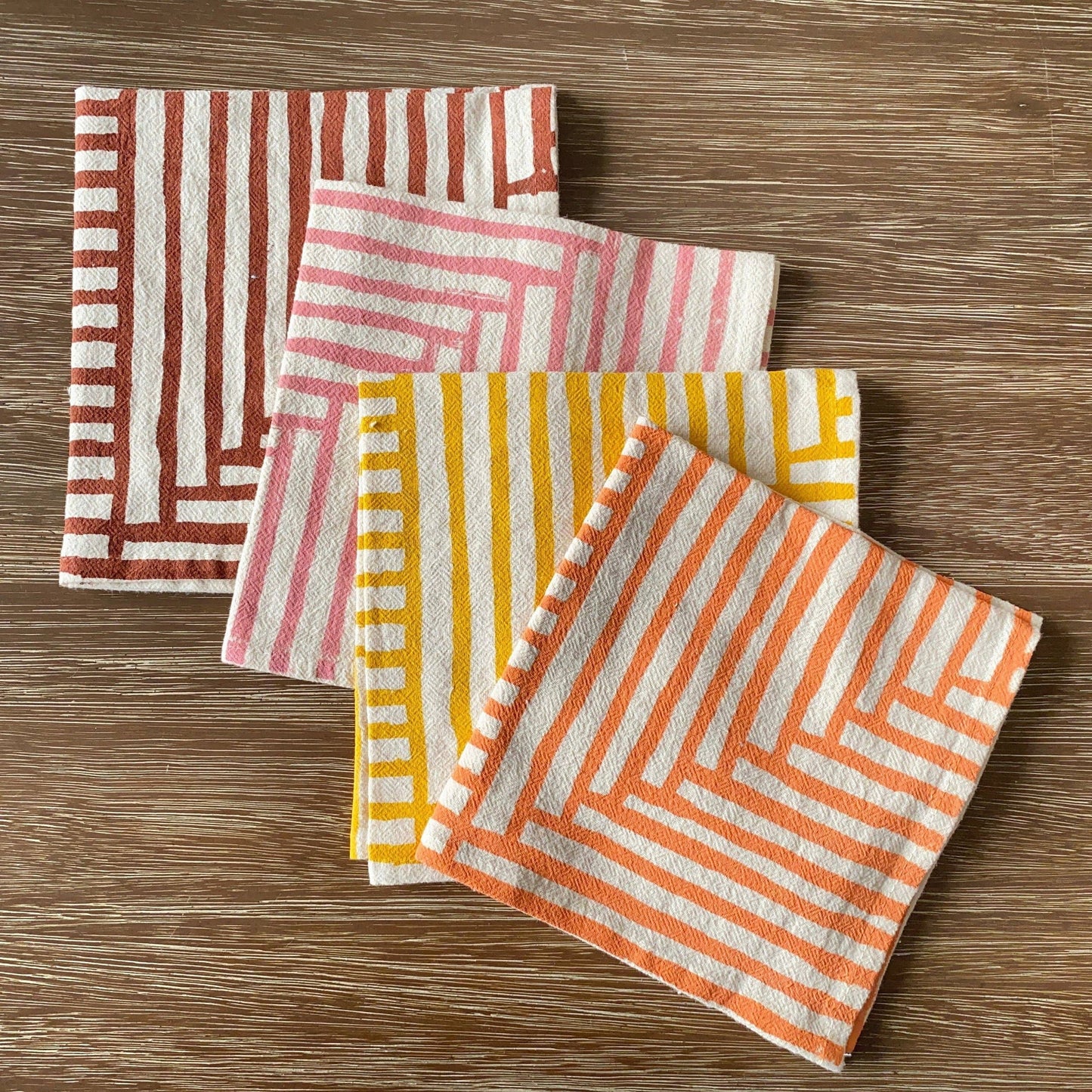 Warm Painterly Stripes Hand Printed Cotton Napkins, Set of 4