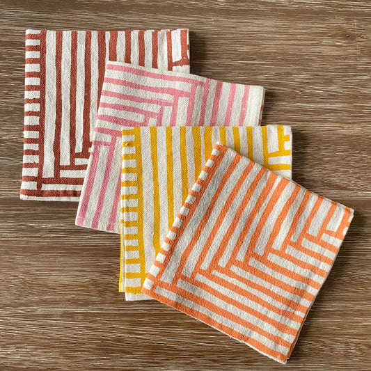 Warm Painterly Stripes Hand Printed Cotton Napkins, Set of 4