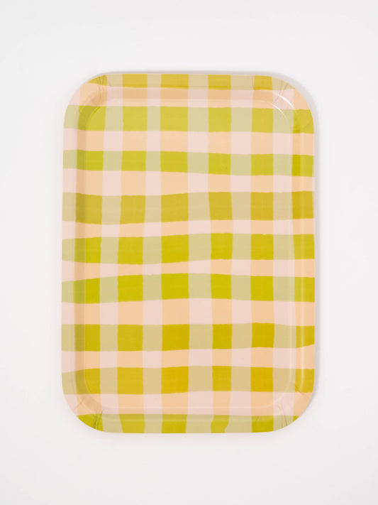 Green Gingham Bent Birch Serving Tray